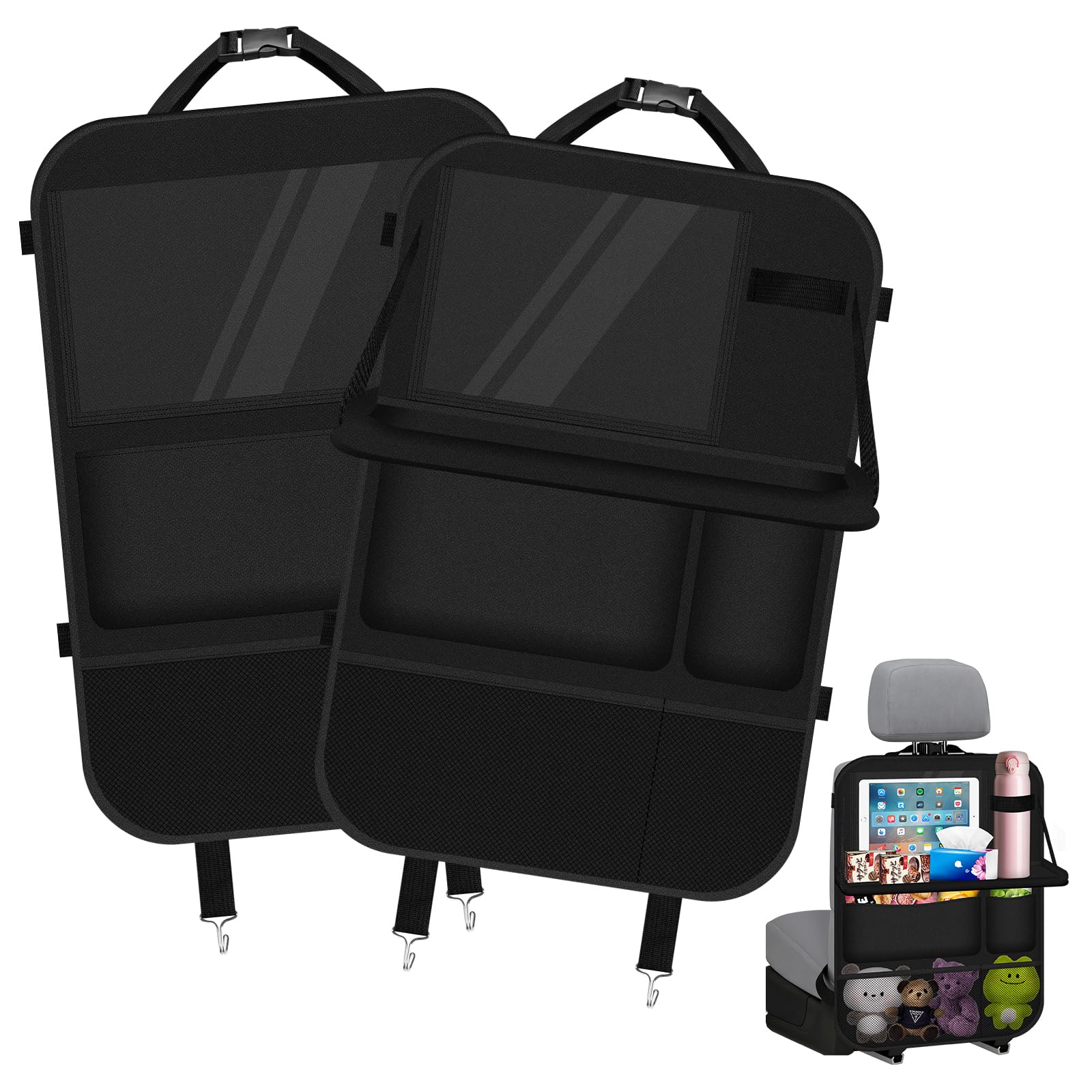 Behiruch Multifunktional Autositz Organizer, 2 Stück Auto Organizer Kinder mit Klapptisch, Wasserdichter Rückenlehnenschutz mit Tablet/Telefon Aufbewahrung für die meisten Fahrzeuge (Schwarz)