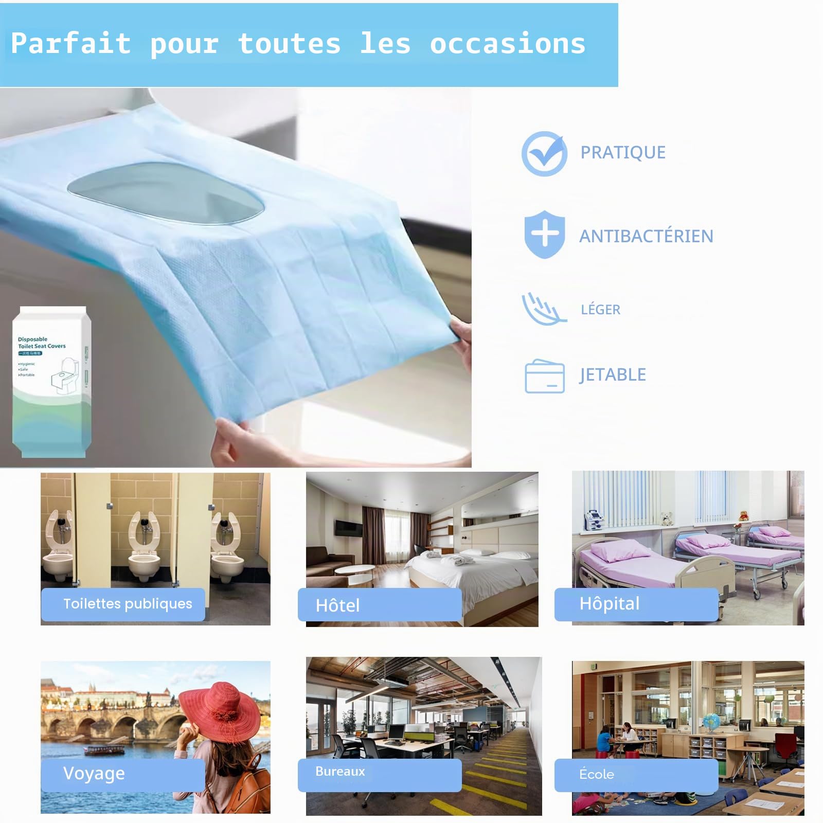 60 Pièces Housse de Siège de Toilette Jetable,Protege Toilette Jetable,Convient aux adultes et aux enfants, idéal pour les voyages, les toilettes publiques, emballé individuellement (Bleu)