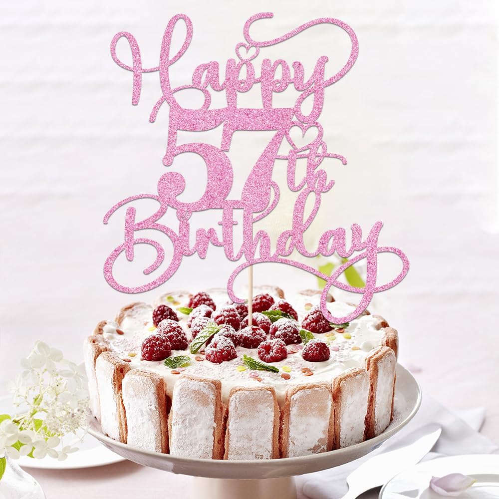Pink Happy 57th Birthday Cake Topper 1pcs Glitter Cake Topper for fifty-seven Birthday/Anniversary Theme Party Cake Decorations Supplies - Image 6