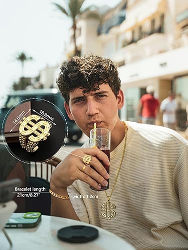 Miniatura 4 de Accesorios de los años 80 y 90 para hombre, kit de disfraz de hip hop, sombrero de cubo, letrero de dinero, collar, cadena de eslabones y pulsera,