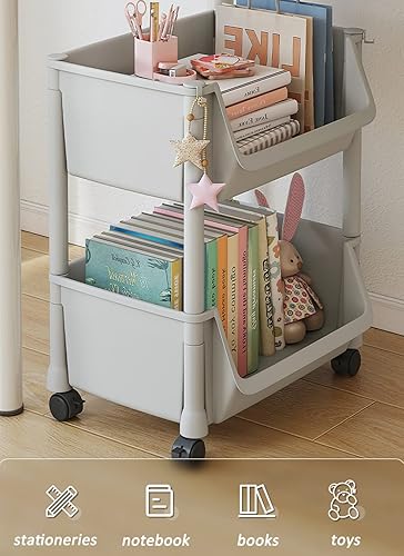 Miniatura 2 de Carrito de almacenamiento multiusos de 2 niveles, carrito multifuncional con ganchos, organizador de carrito con ruedas ajustable, carrito de