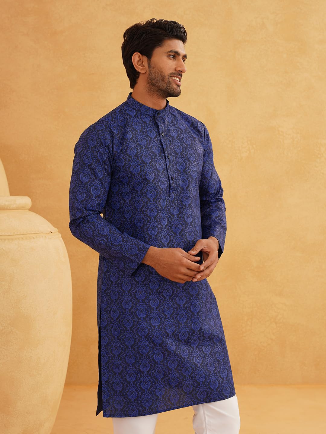 Sojanya (Since 1958 Men's Cotton Blend Navy Blue Printed Only Long Kurta