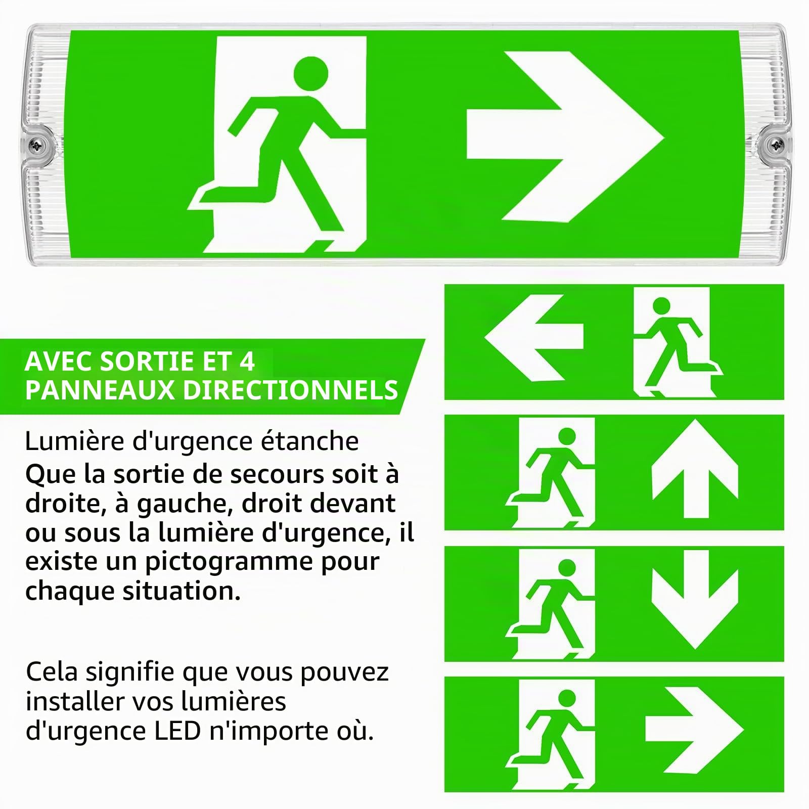 Panneau d'urgence LED professionnel avec éclairage de secours à batterie | Panneau de sortie de secours étanche IP65 | 4 pictogrammes de sécurité interchangeables | Charge automatique pour