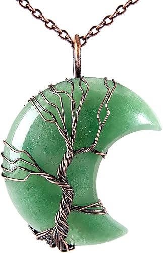 Bivei Tree of Life Crescent Moon Necklace Copper Wire Wrap Natural Gemstones Pendant Crystals and Healing Stones Necklace