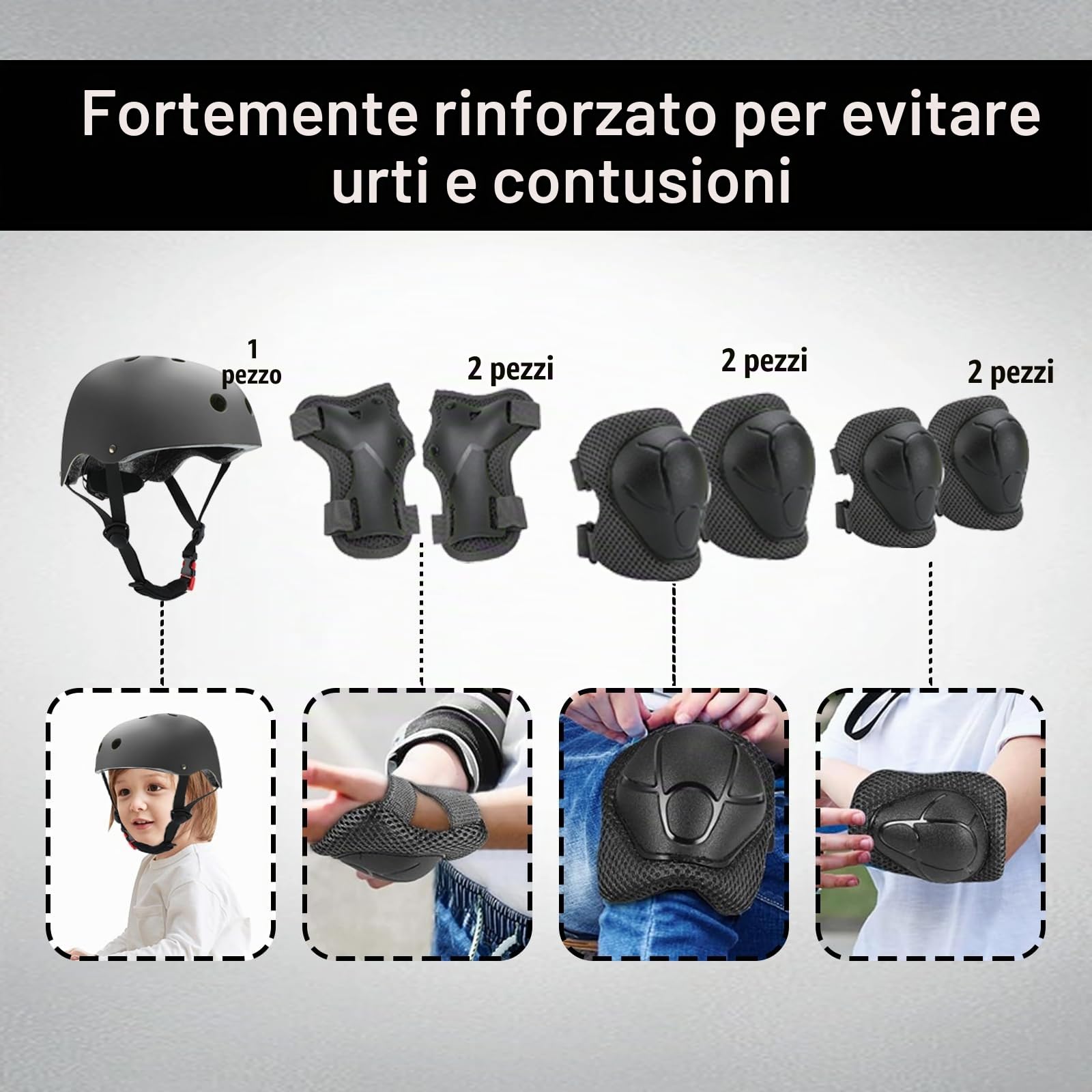 Ginocchiere per bambini con casco, equipaggiamento di protezione in linea per bambini, traspiranti e regolabili, set di ginocchiere per bicicletta, skateboard, scooter