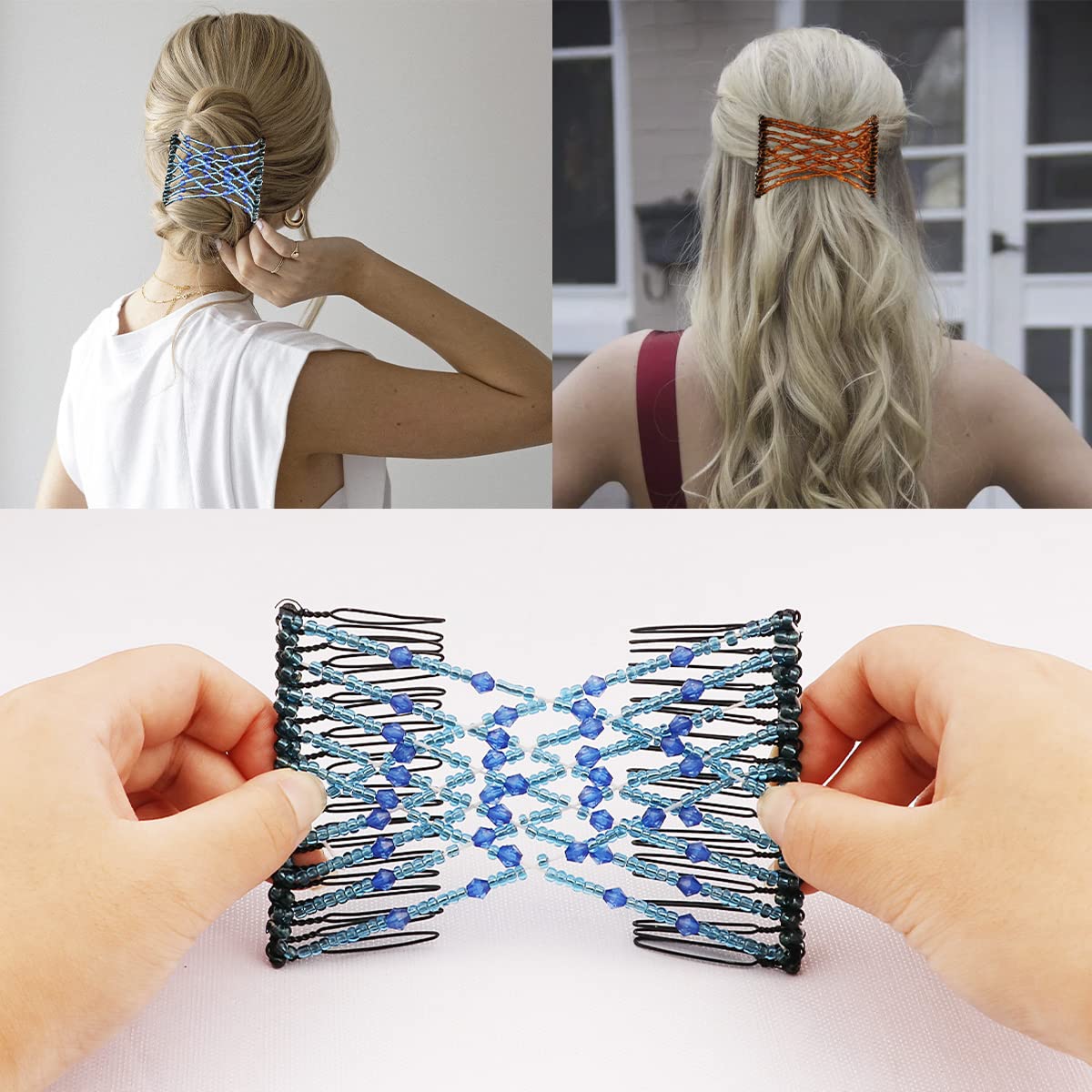 4 Pieces Elastic Magic Hair Comb Clips Stretchy Double Comb Hair Forks for Women Girls Vintage Hairstyle Multipurpose Hair Accessories (Beads Style) - Image 4