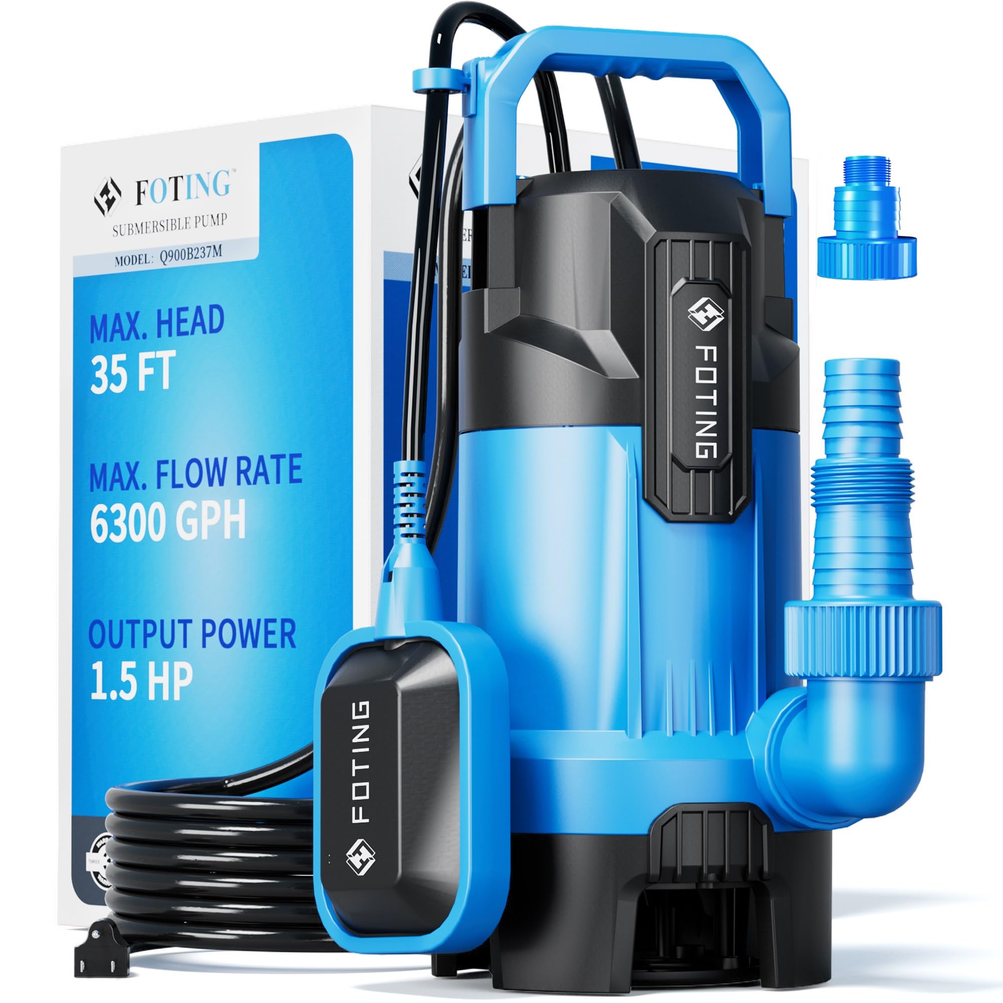 FOTING Sump Pump, 1.5HP 6300GPH High Flow Clean&amp;Dirty Submersible Water Pump with Float Switch, Thermoplastic Electric Portable Utility Pump for Pool Draining Hot Tub Garden Basement