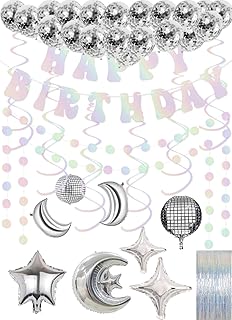 Disco Party Decorations, Iridescent Happy Birthday Banner Cute Foil Birthday Sign Hanging Streamer Balloon for 60s 70s 80s Women Men Cool Retro Boogie Disco Dancing Bachelorette Indoor Home Decor