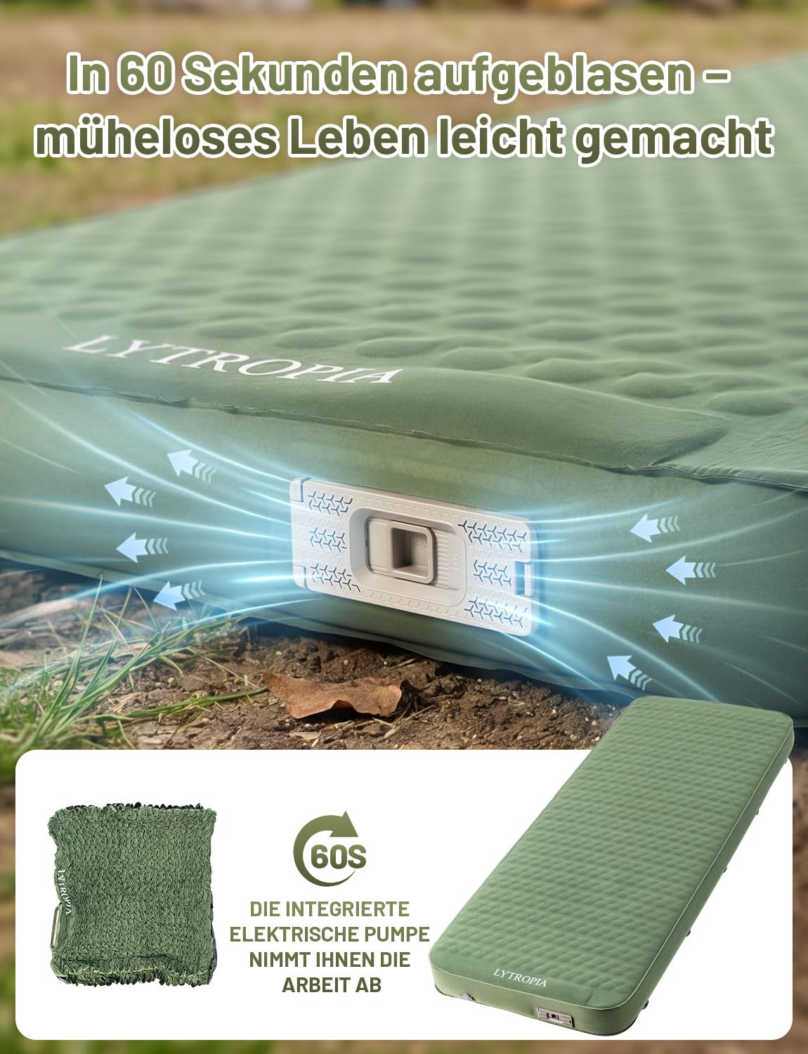Isomatte Selbstaufblasend aus Schaumstoff mit Eingebaute Elektrische Pumpe, 10CM Dicker luftmatratze Camping Aufblasbar, Selbstaufblasbare Luftmatratze für Camping, Strand,Outdoor, Zelt, Auto