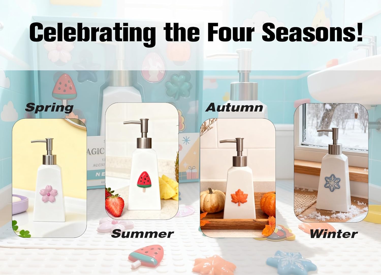 Seasonal Soap Dispenser with 11 Interchangeable Magnets - Seasonal Decor - Farmhouse Bathroom Kitchen Decor (Resin,Built in Magnet) - 8.82oz (Silver)