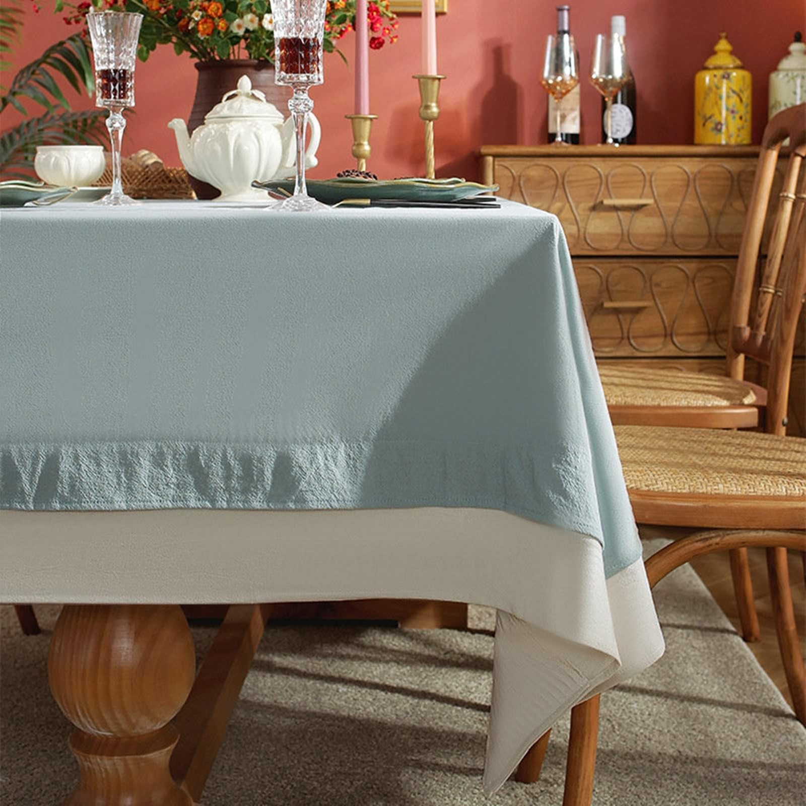 Mantel de mesa de comedor, 139 x 200 cm, de poliéster, de dos tonos, para eventos, bodas, banquetes y fiestas, color azul y gris
