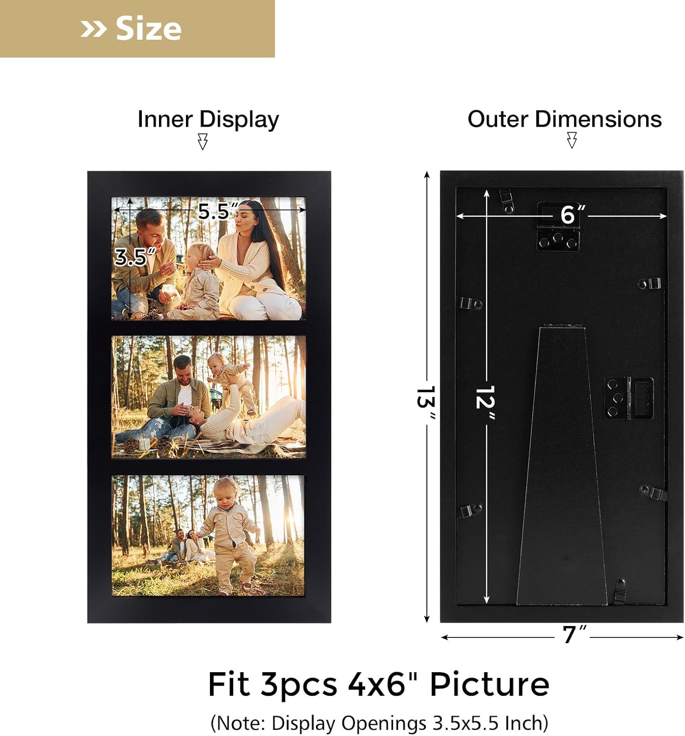 Golden State Art, 4x6 Picture Frame - Display Three 4x6 Photos - Solid Wood - Real Glass for Tabletop Or Wall Mounting (Black, 1 Pack) - Image 6