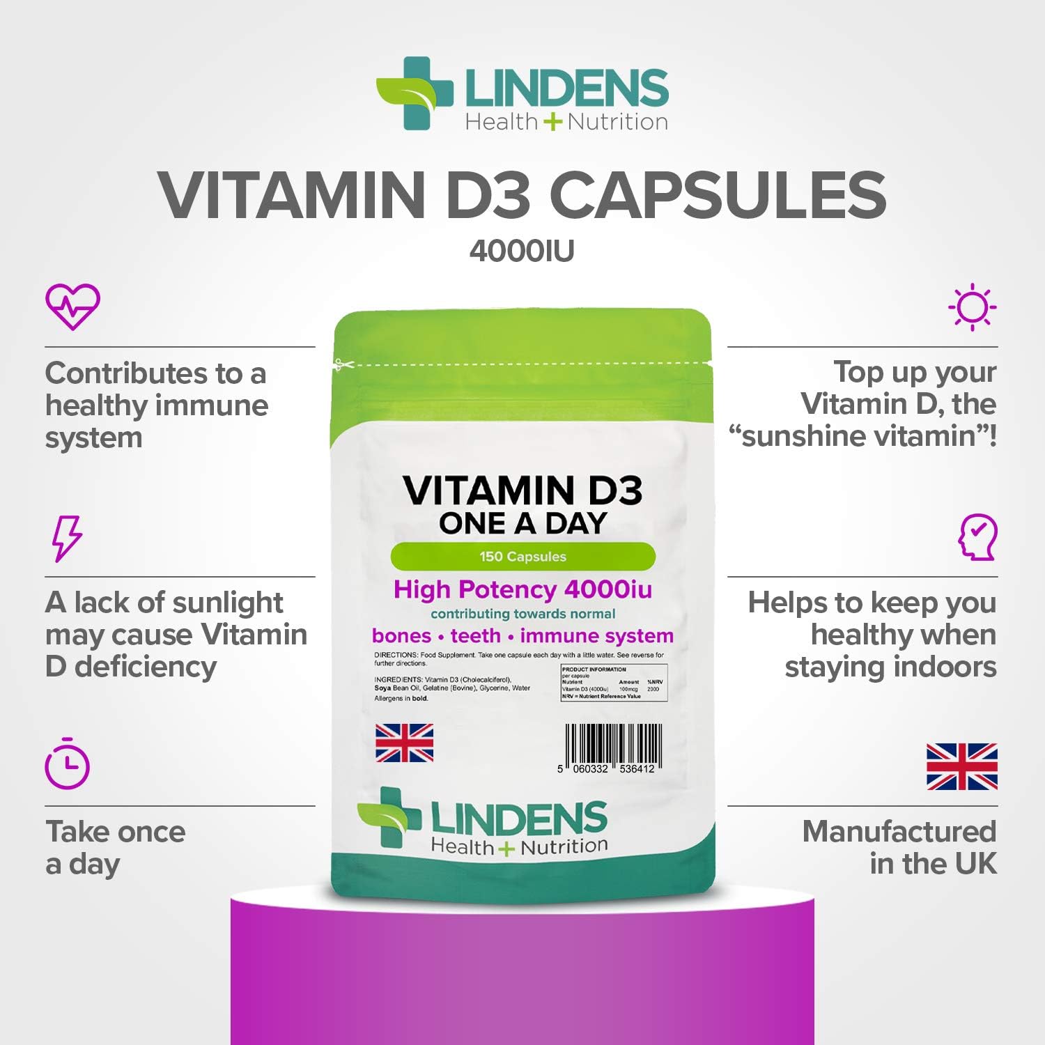 Lindens Vitamin D3 4000IU, 150 High Strength Capsules, Supports Healthy Immune System & Calcium Absorption, One-A-Day Capsule - Image 3