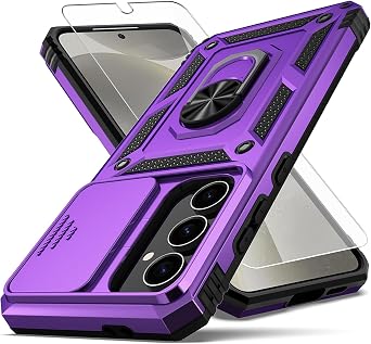 for Samsung Galaxy S24 FE Case,with Camera Lens Cover HD Screen Protector,[Military Grade] Ring Car Mount Kickstand Hybrid Hard PC Soft TPU Shockproof Protective Case for Galaxy S24 FE, Purple
