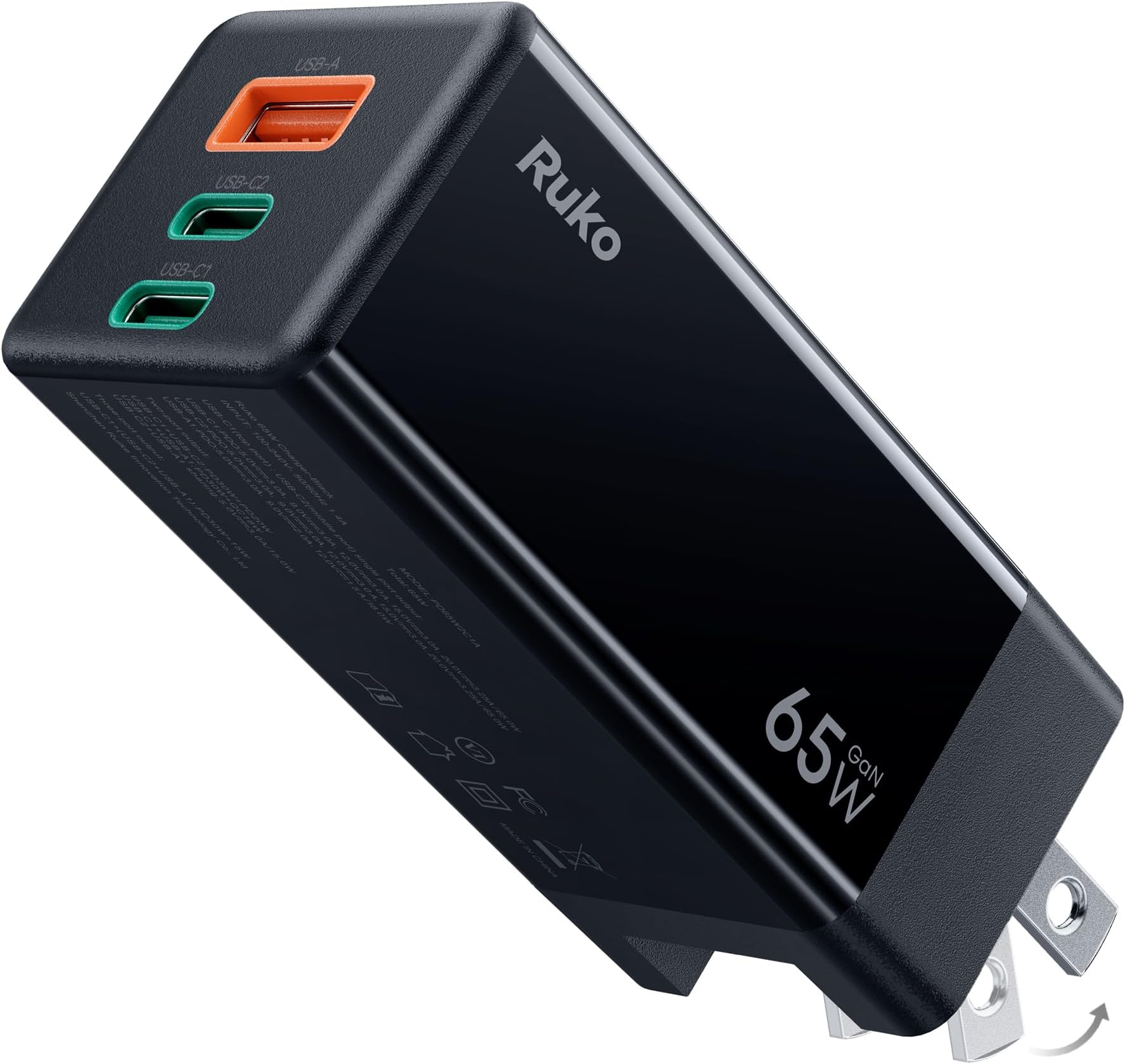 - Ruko PD65W USB C Charger, 3-Port GaN Fast Charger Block, Compact Foldable Wall Charger for iPhone 17/16, MacBook Pro/Air, Galaxy S24, Pixel, Drone, Switch and More, Black