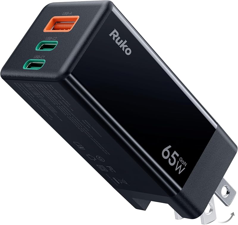 Cargador USB C de 65 W, bloque de cargador rápido GaN de 3 puertos | Cargador de Pared, Diseño Compacto y Plegable, Negro, Compatible con iPhone 17/16, MacBook Pro/Air, Galaxy S24, Pixel, Drone, Switch