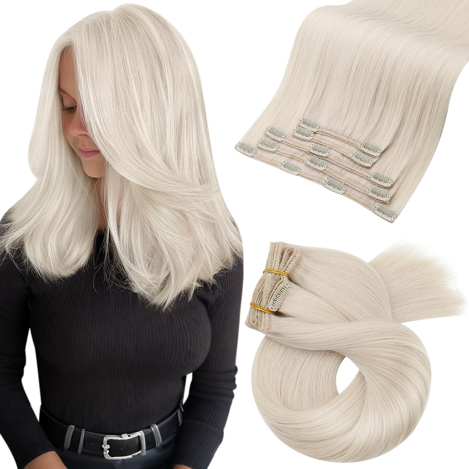 Moresoo Human Hair Extensions Clip in Real Hair Ash Blonde with Bleached Blonde Clip in Hair Extensions Remy Human Mid-length Hair Layered Add Volume 14 Inch 5pcs/80g #P18/613 — view 64