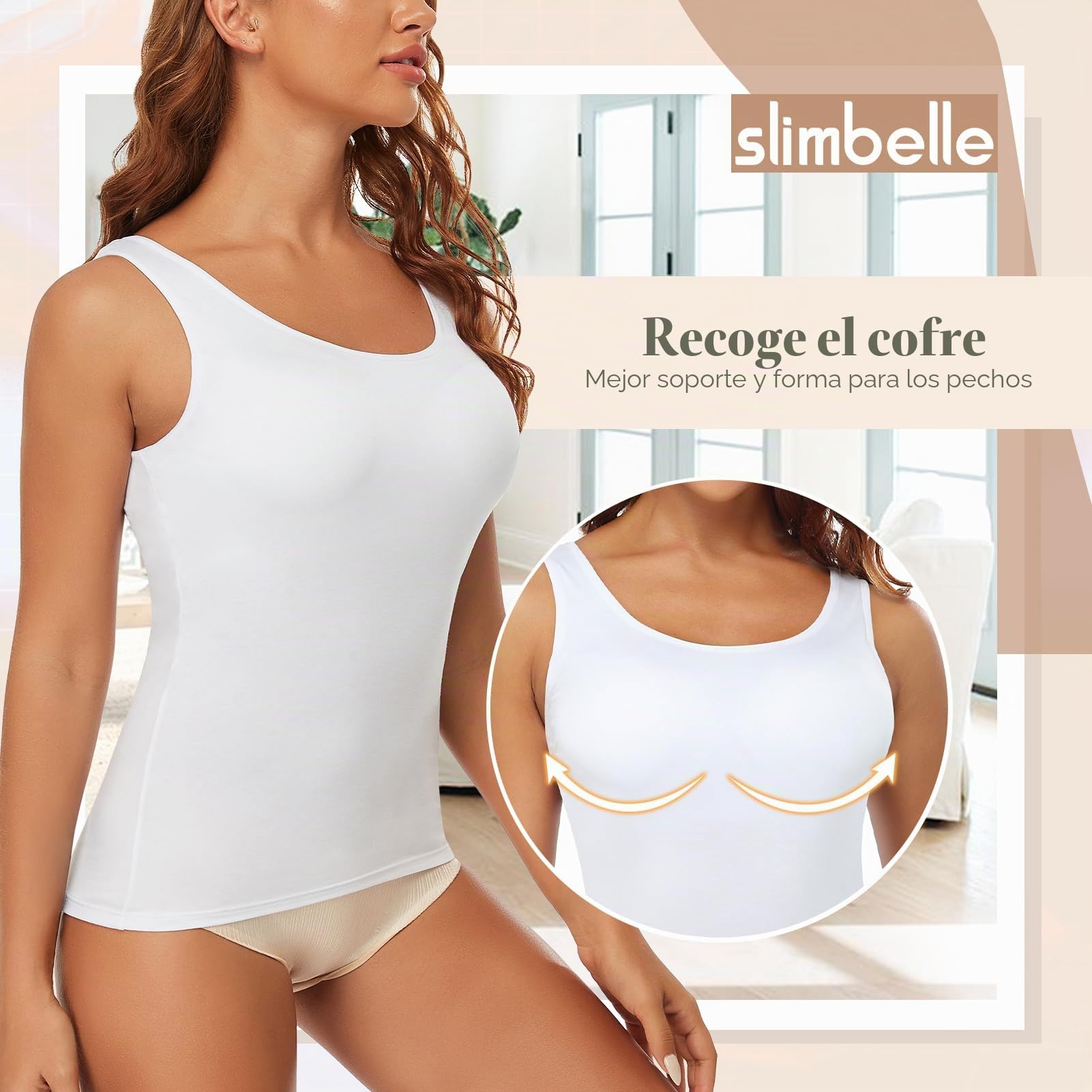 SLIMBELLE Sujetador para mujer, camisa básica, camiseta de tirantes con sujetador integrado, tirantes anchos, sin costuras, acolchado, bustier de cuello redondo Bralette