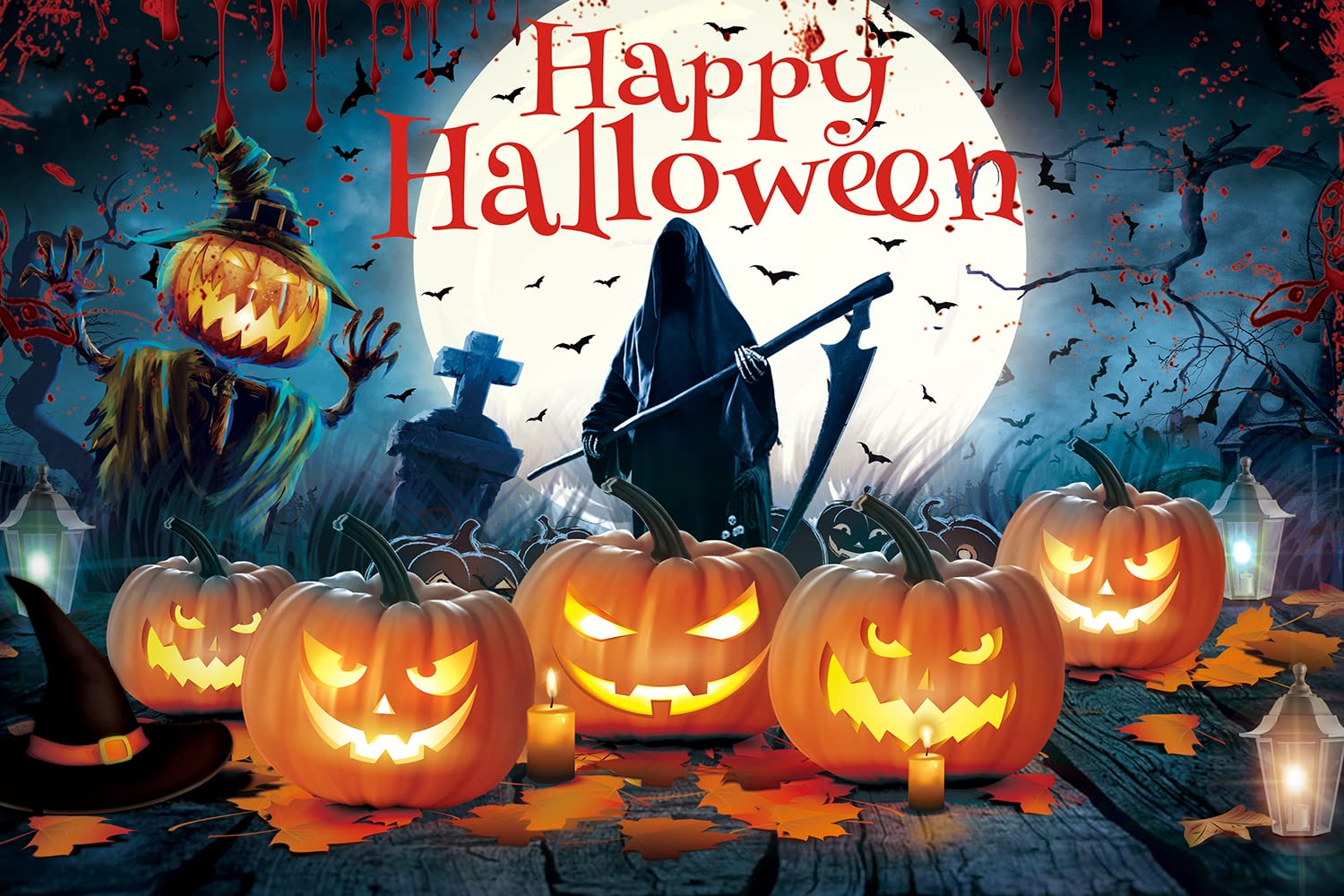 YinQin 7x5ft Halloween Backdrops Banner 84x60 inch Halloween Eve Night Spooky Forest Pumpkins Banner Halloween Background Decorations Happy Halloween Party Backdrop for Photo Booth (Halloween)