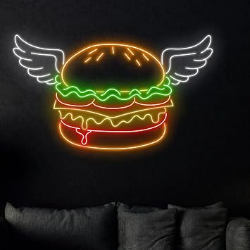 Hamburger Wings Neon Sign, Burger Led Sign, Custom Neon Sign, Fast Food Restaurant Decor, Burger Store Wall Light Art, Hamburger Lover Gifts