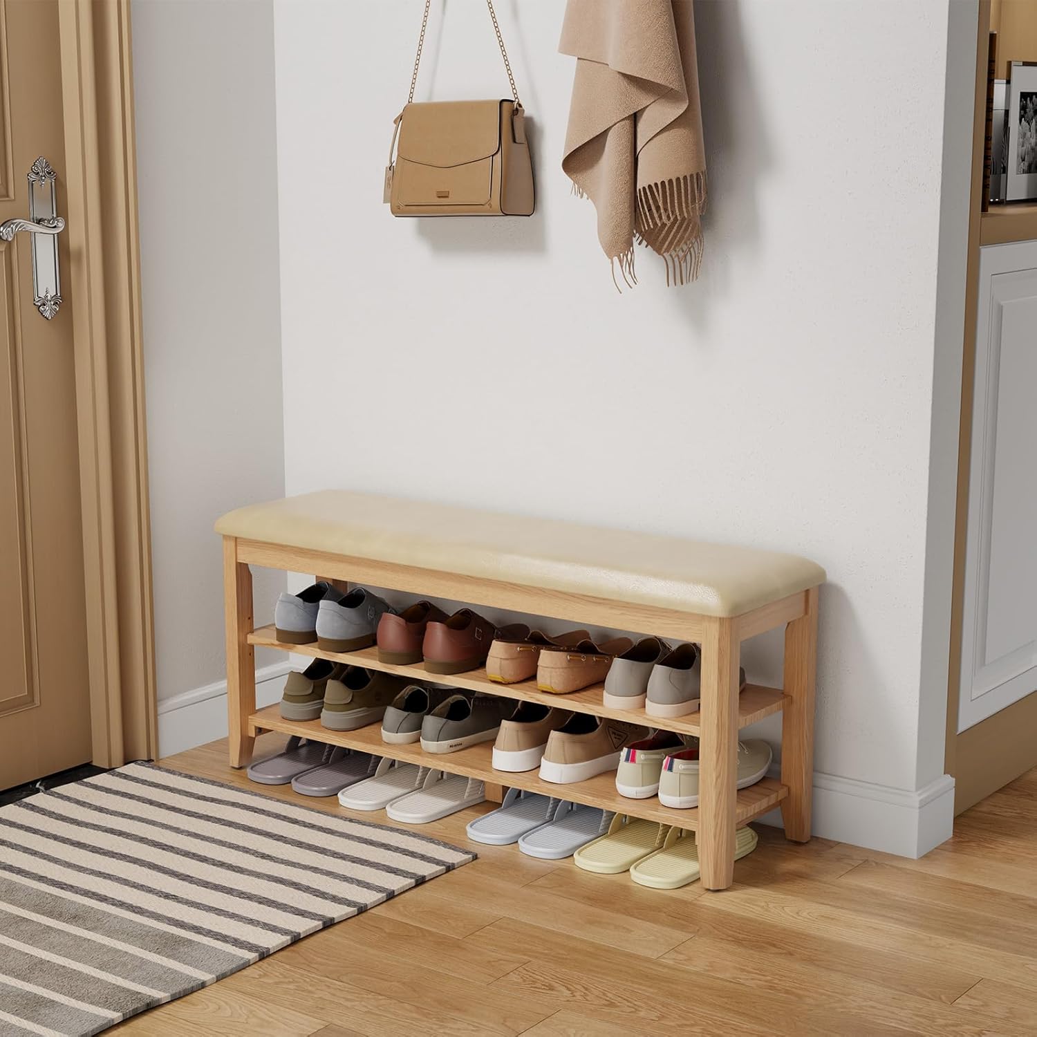 Wood Shoe Rack Bench for Entryway, Shoe Rack for Front Door Entrance with Leather Cushion, 2 Tier Shoe Bench with Shoe Storage for Entryway, Bedroom. Nature 39.37