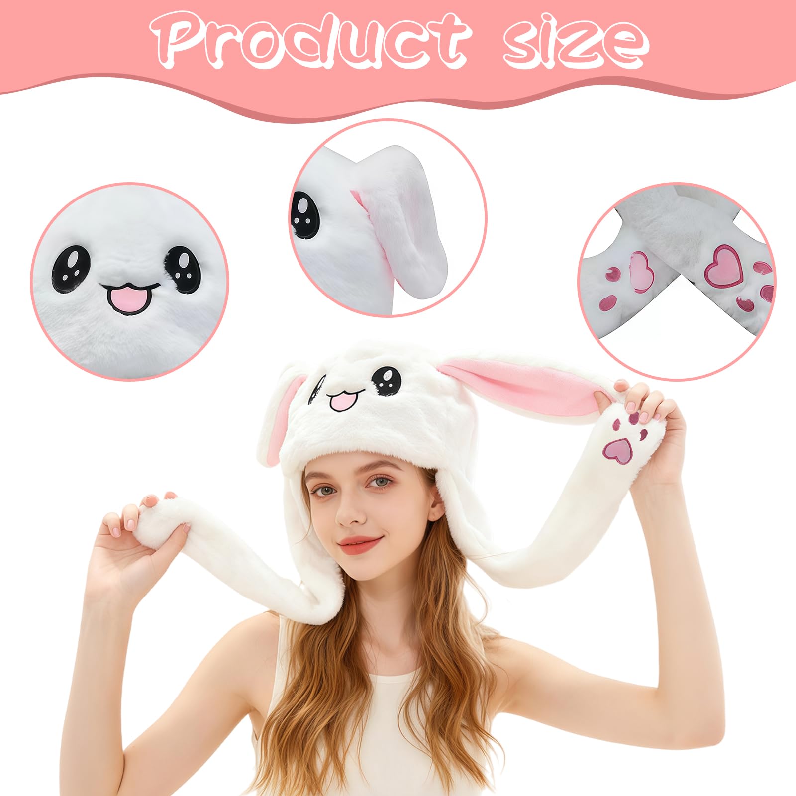 MUNSKT Bunny Hat with Moving Floppy Ears, Soft Plush Jumping Animal Ear Hat for Women, Cute Rabbit Ears Costume Accessory for Easter, Christmas Party, Fun Gifts for Her (White) - Image 3