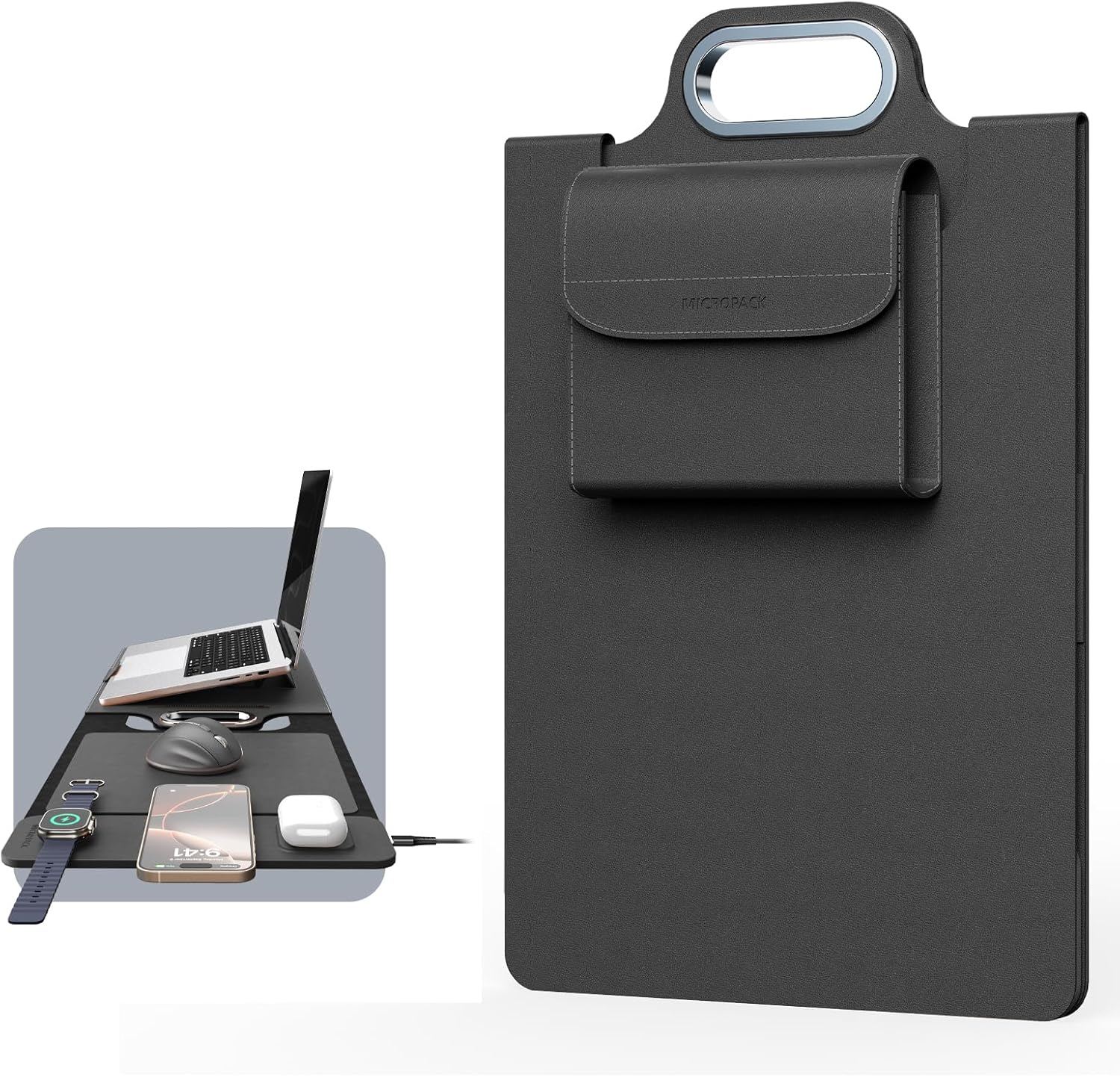 MicroPack Laptop Sleeve with Wireless Charging, Built-in Detachable Accessory Organizer and Metal Handle, Mouse Pad and Stand, Leather Laptop Bag for 15 Inch MacBook/HP/Dell, Watch, Headphones - Black