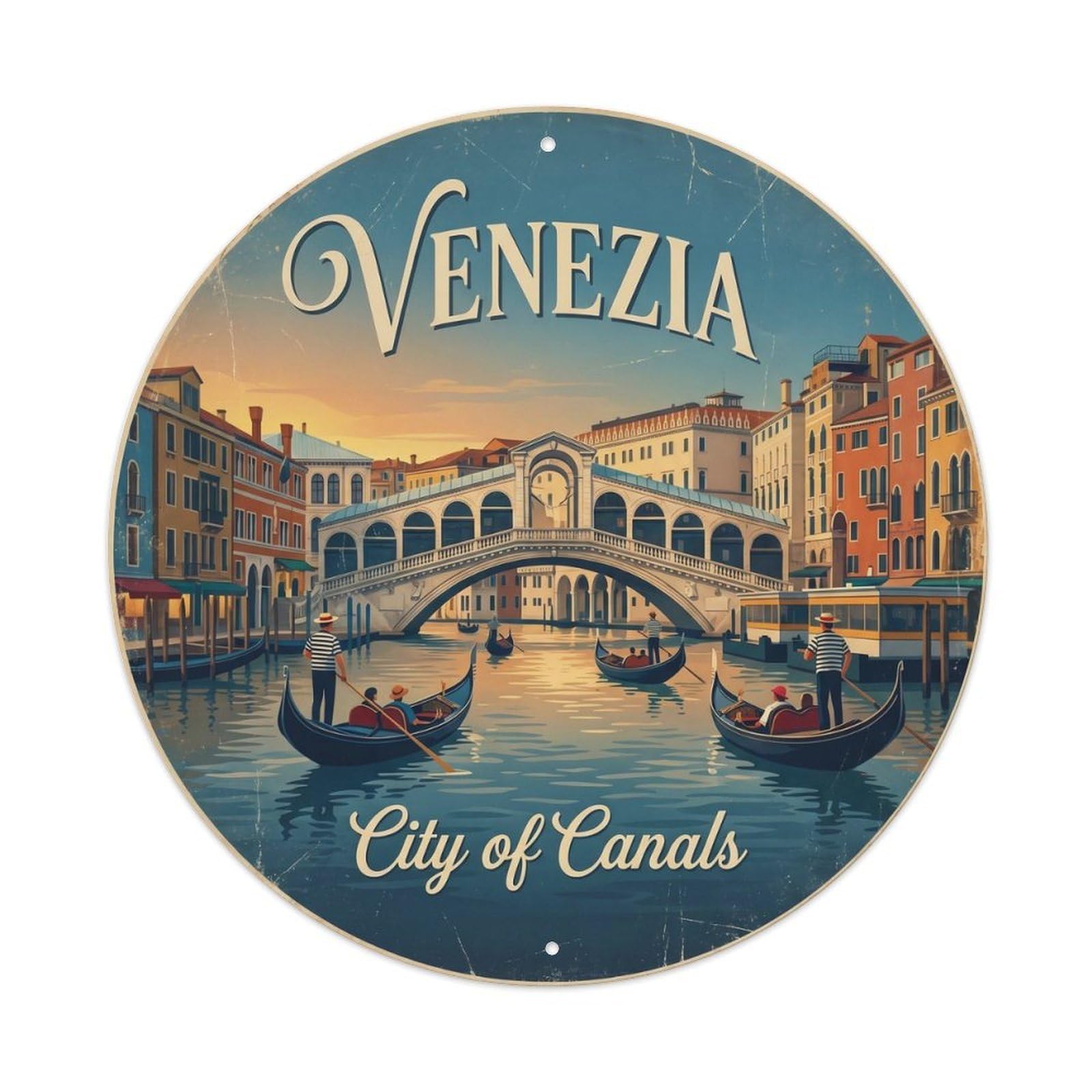 Vintage Travel Venetian Gondola Canal Metal Tin Sign Plaque Wall Decor for Cafe, Club, Garden Round Metal Poster 8x8Inch