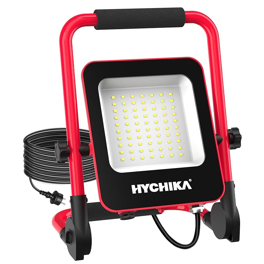 HYCHIKA Faretto Led da Cantiere, 50W/5500Lm/IP65 Fari Led da Esterno Con Spina e Staffa Pieghevole, Rotazione 360°, Lampada da Lavoro per Edilizia, Officina, Campeggio, Garage