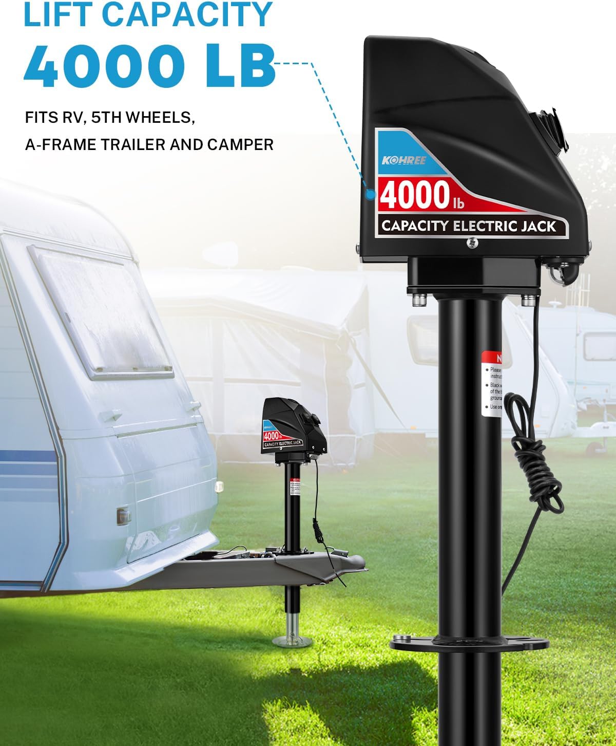 Kohree Electric Trailer Jack 4000lbs, Heavy Duty RV Electric Power Tongue Jack for Travel Trailer A-Frame Camper, with Manual Crank Handle & Weatherproof Jack Cover, 22" Lift, 12V DC with Wiring