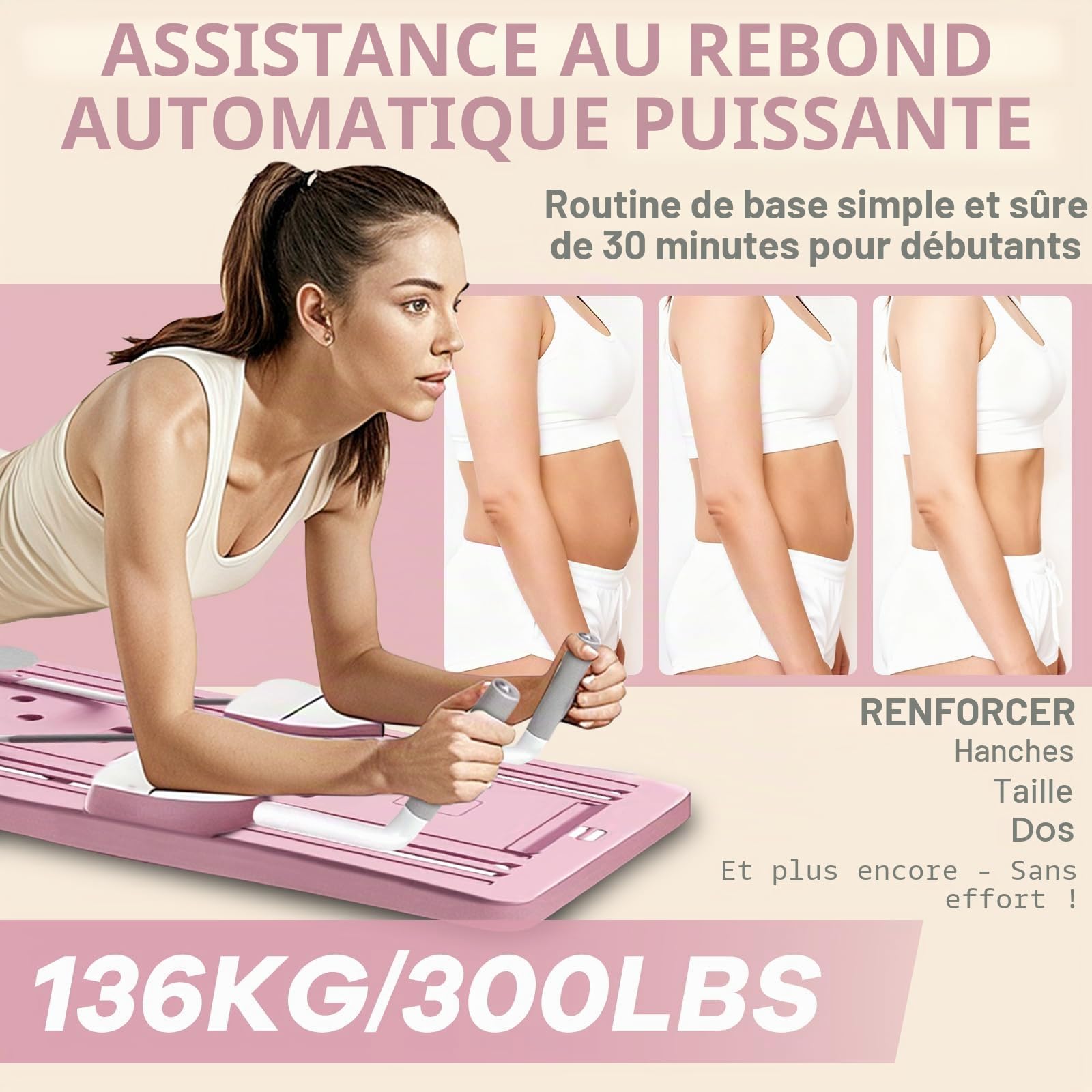 Roadtime Reformateur Pilates 6 en 1 Amélioré Pliable Ensemble et minuteur,Compact de Plateau Pilates pour la Protection des Genoux et Entraîneur Multifonctionnel,Planche Abdominale avec Rebond Rose
