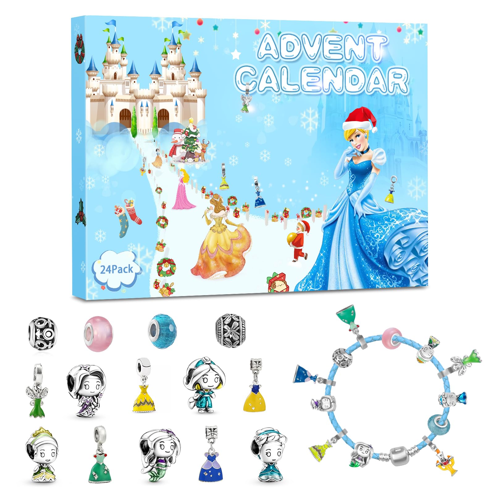 Advent Calendar 2024, 24 Days Christmas Princess Bracelet Countdown Calendar for Girls Cartoon Series DIY Jewelry Making Kit, Advent Calendar Creative Gifts(Leather Rope Chains)