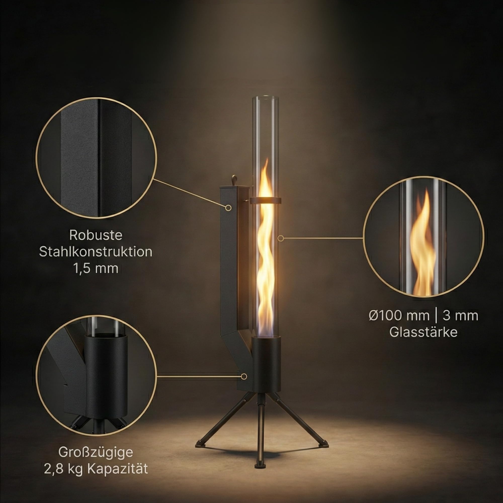 Albatros Torche à granulés de qualité supérieure - Noir - Poêle fusée pour le jardin - Avec tuyau de feu en verre - Chauffage de terrasse - Foyer d'extérieur sans électricité - Jusqu'à 2 heures de