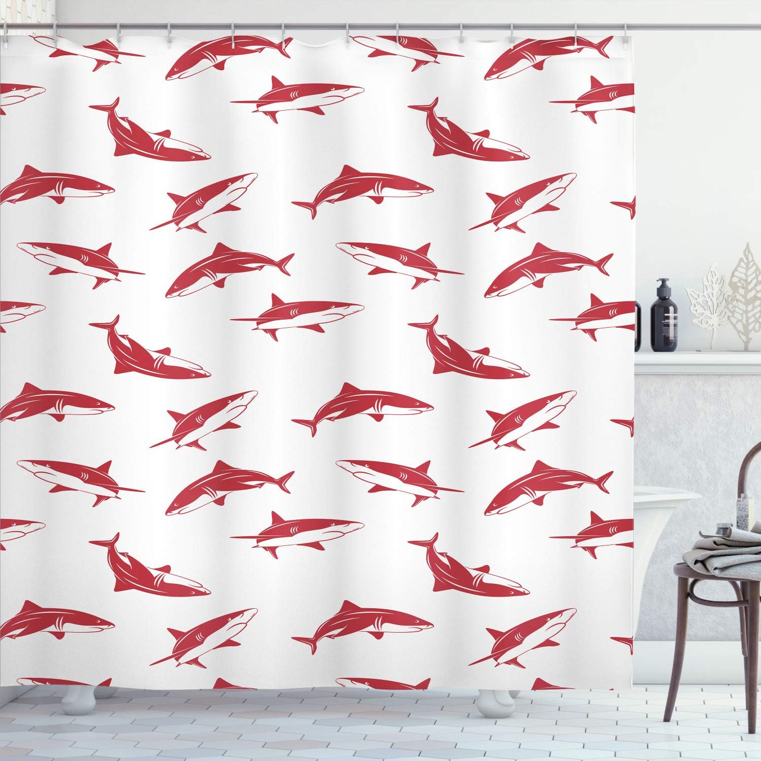 Ambesonne Sea Animals Shower Curtain, Repeated Cartoon Sharks Swimming to Different Directions Pattern, Cloth Fabric Bathroom Decor Set with Hooks, 70" Long, Pale Chocolate