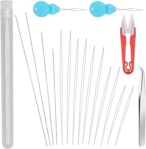 EuTengHao Agujas de cuentas de ojo grande, agujas largas y rectas, agujas de bordar, tijeras con botella de aguja para abalorios, pulseras,