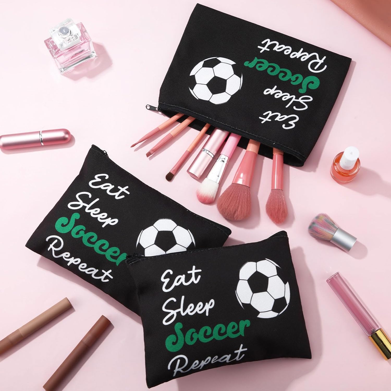 12 Pcs Soccer Makeup Bags Sport Themed Team Gifts Cosmetic Bags Portable Canvas Zipper Pouch Travel Toiletry Organizer for Women Team Sport Party Favors - Image 5