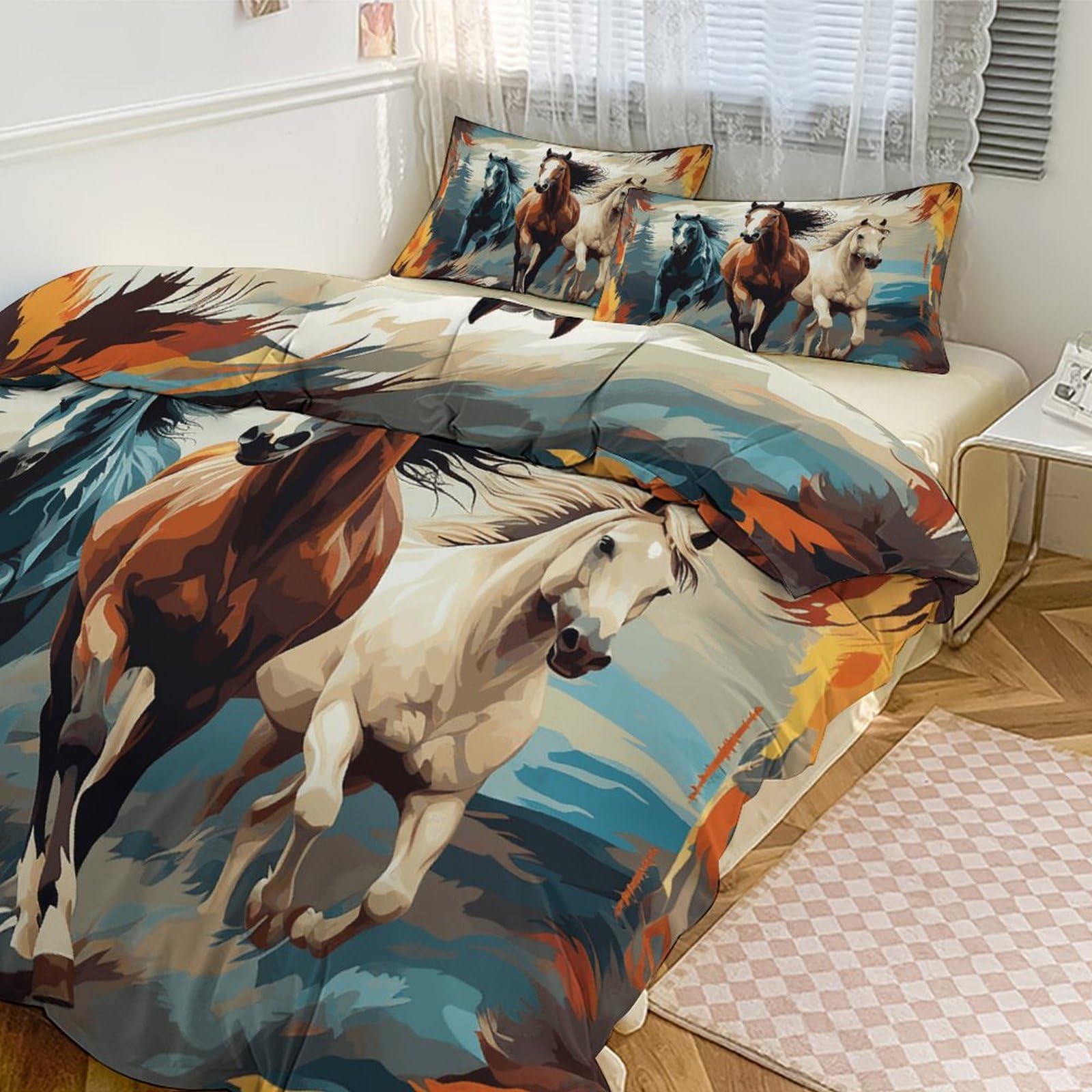 Housse de couette grand lit anti-transpiration parure 3 pièces respirante chevaux