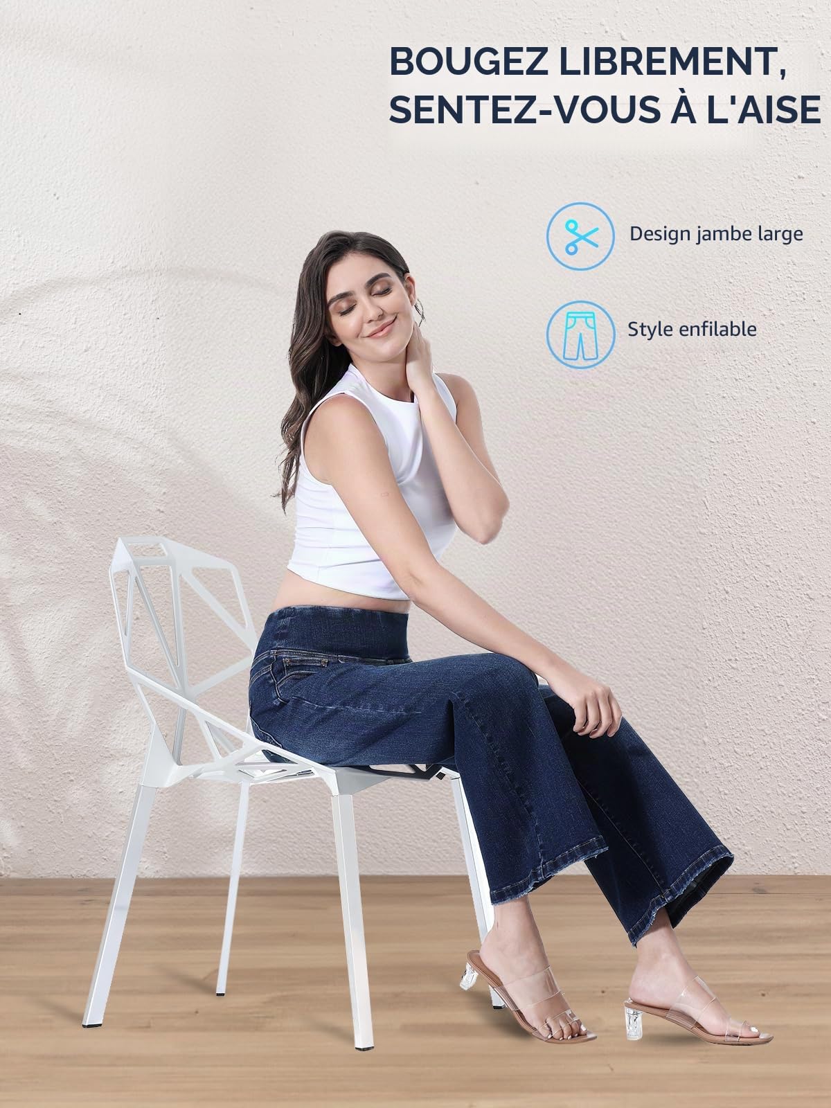 Jean Femme,Pull on Taille Haute Baggy Jeans,Wide Leg Jean Taille Elastique,Mode 7/8 Pantalon en Denim