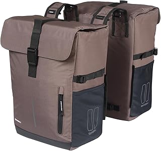 Basil Move - Alforja Doble (30 L, Impermeable, poliéster Reciclado, Compatible con MIK y Racktime), Color marrón