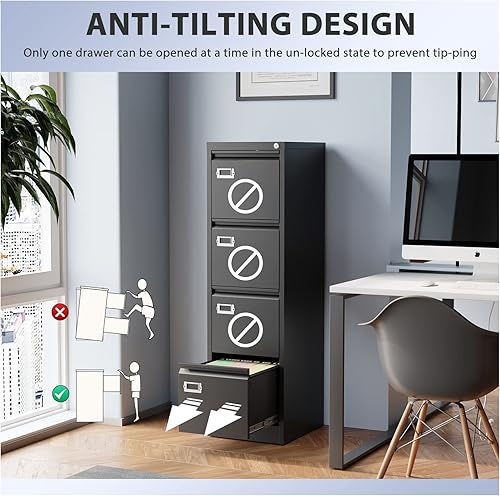 Miniatura 4 de Archivador de 4 cajones, archivadores para oficina en casa, gabinete de almacenamiento vertical de metal con cerradura, archivador de bloqueo para