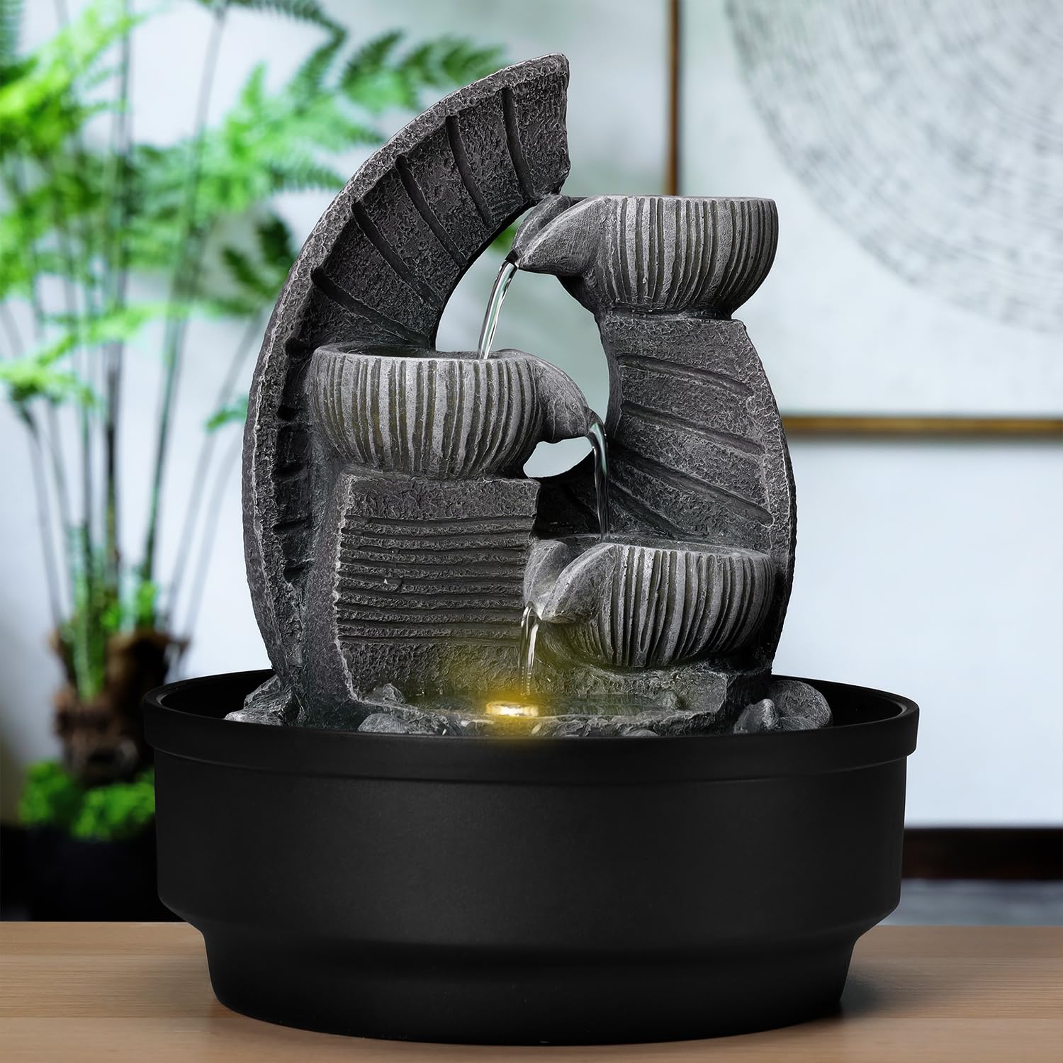 amazon basics Zen Indoor Fountain with LED | Pump | 1.1L Large Tank | Textured Stone Look, Grey with Black | Polyresin & Plastic | IPX8 Rated | 21.5×21.5×27 cm