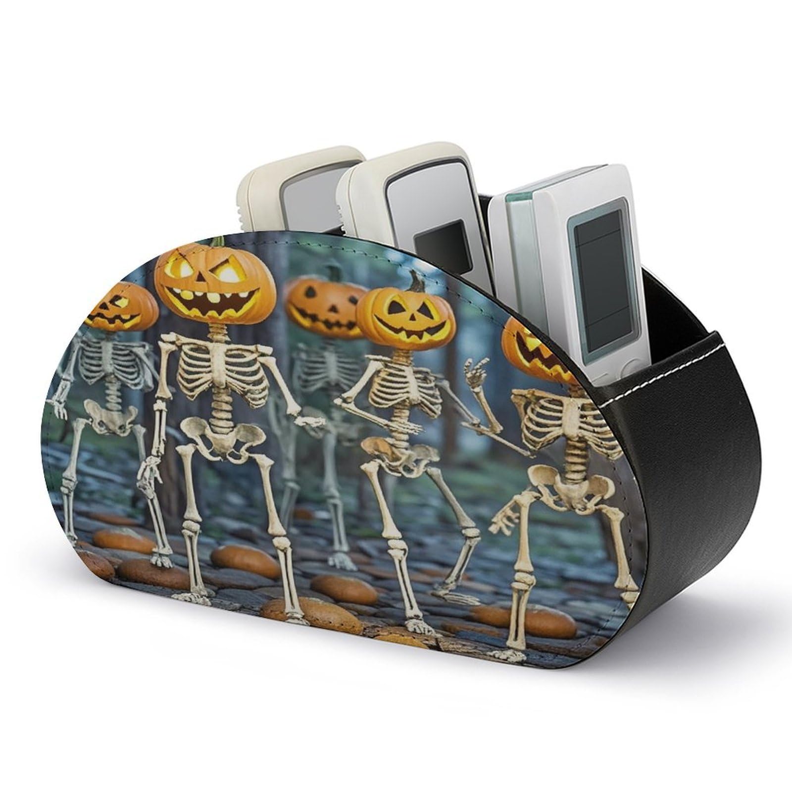 LZQPOEAS Pumpkin Skeleton Dancing Remote Control Holder with 5 Compartments PU Leather Remote Organizer Box Caddy for Table Nightstand Remote Caddy Desktop Organizer Fits Media Controllers