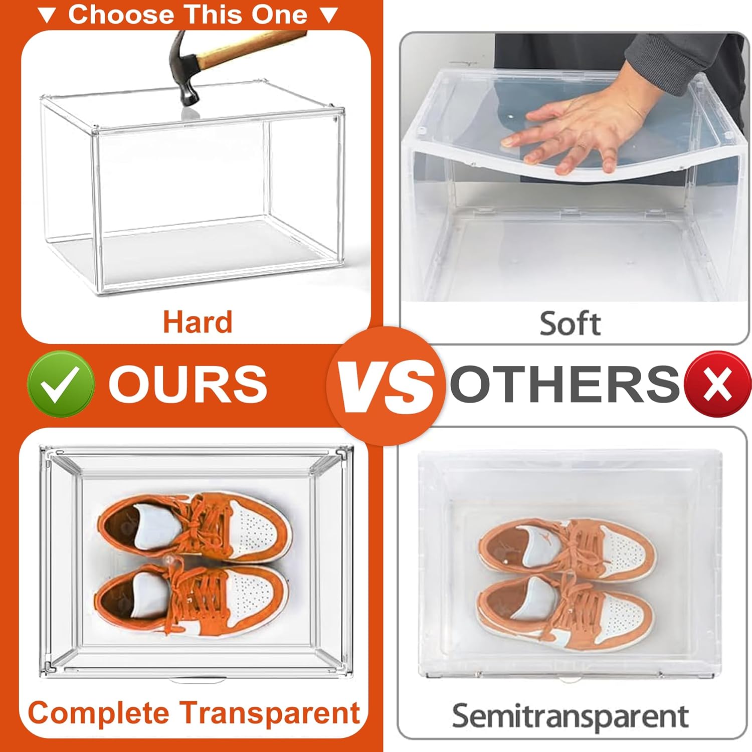 Clear Shoe Storage Boxes 6 Pack, Size 14 Acrylic Shoe Box Stackable Large Sneakers Display Case with Magnetic Door Hat Collectibles Handbag Purse Organizer for Closet