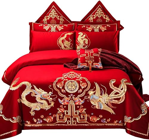 Miniatura 59 de Luxury Double Happiness Dragon and Phoenix Bird Embroidery Chinese Wedding Red Bedding Set King Queen Size 100% Cotton Embroider Red Wedding Duvet