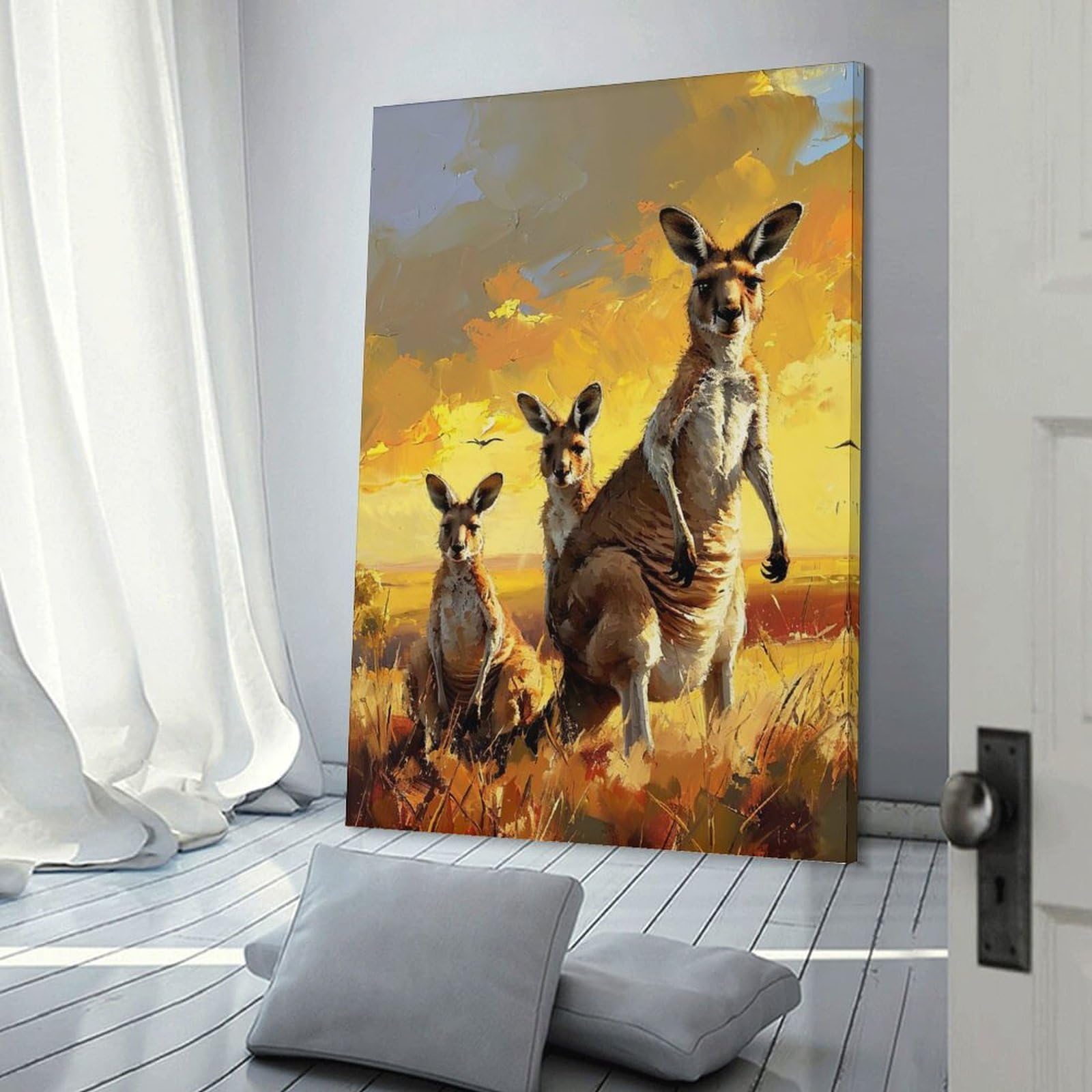 Junmoney Decorative Canvas Print Kangaroo Trio, 20x30inch(50x75cm), for New Homes, Bedrooms Or Workspaces, Thoughtful Wall Decor for Art Lovers
