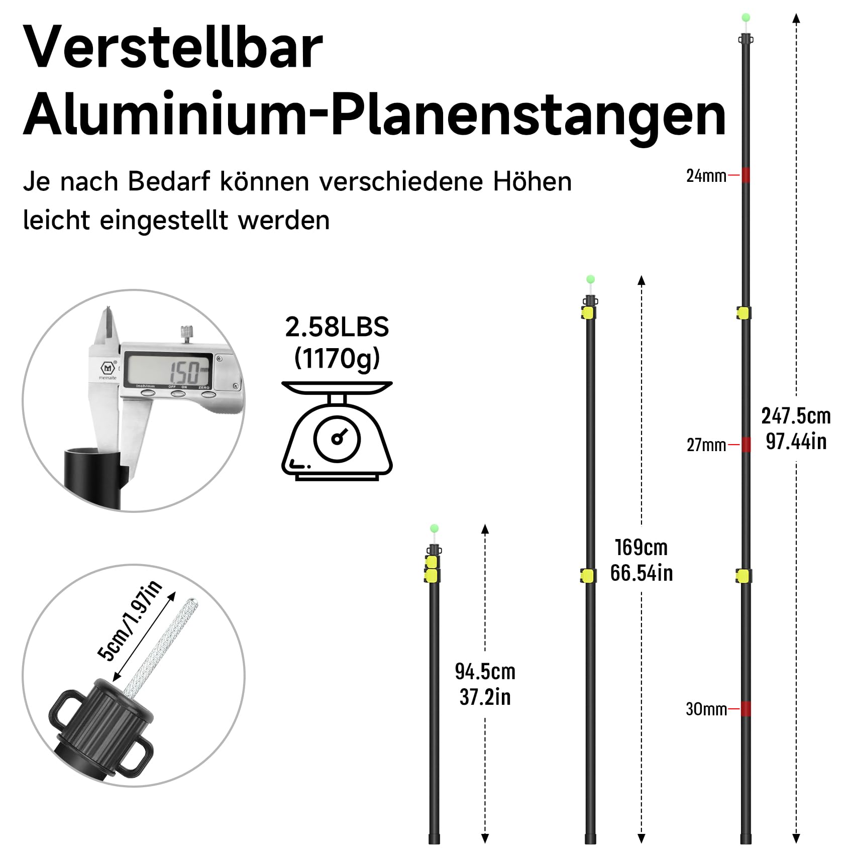 KOMCLUB Poteaux télescopiques pour bâche en Alliage d’Aluminium | Système de verrouillage rapide à levier plastique coloré, Tube en alliage d’aluminium léger et très résistant