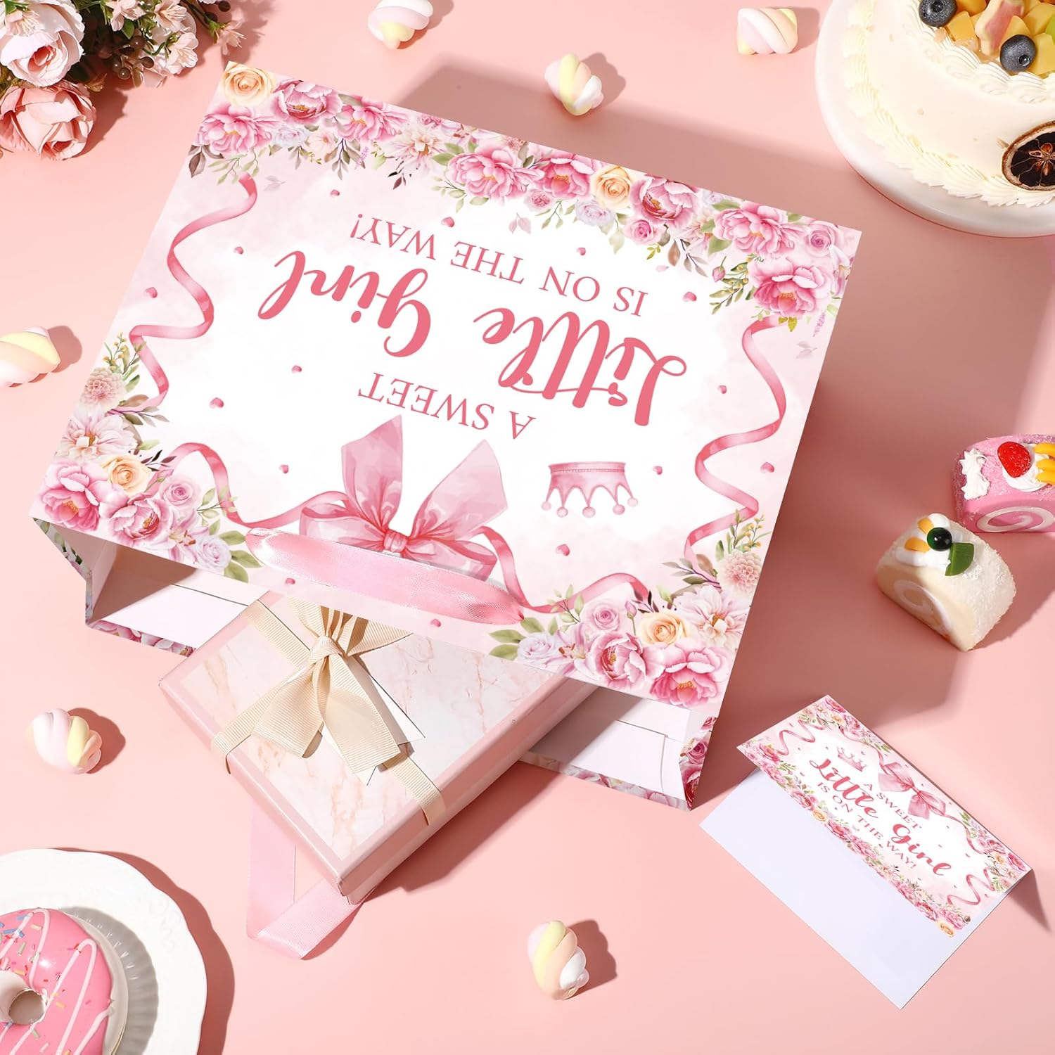 Baby Shower Paper Gift Bag for Girls Pink Bow Baby Girl Wrapping Paper Gift Bag with Tissue and Greeting Card A Sweet Little Girl is on the Way Floral Baby Shower Pink Bow Decorations Supplies - Image 3