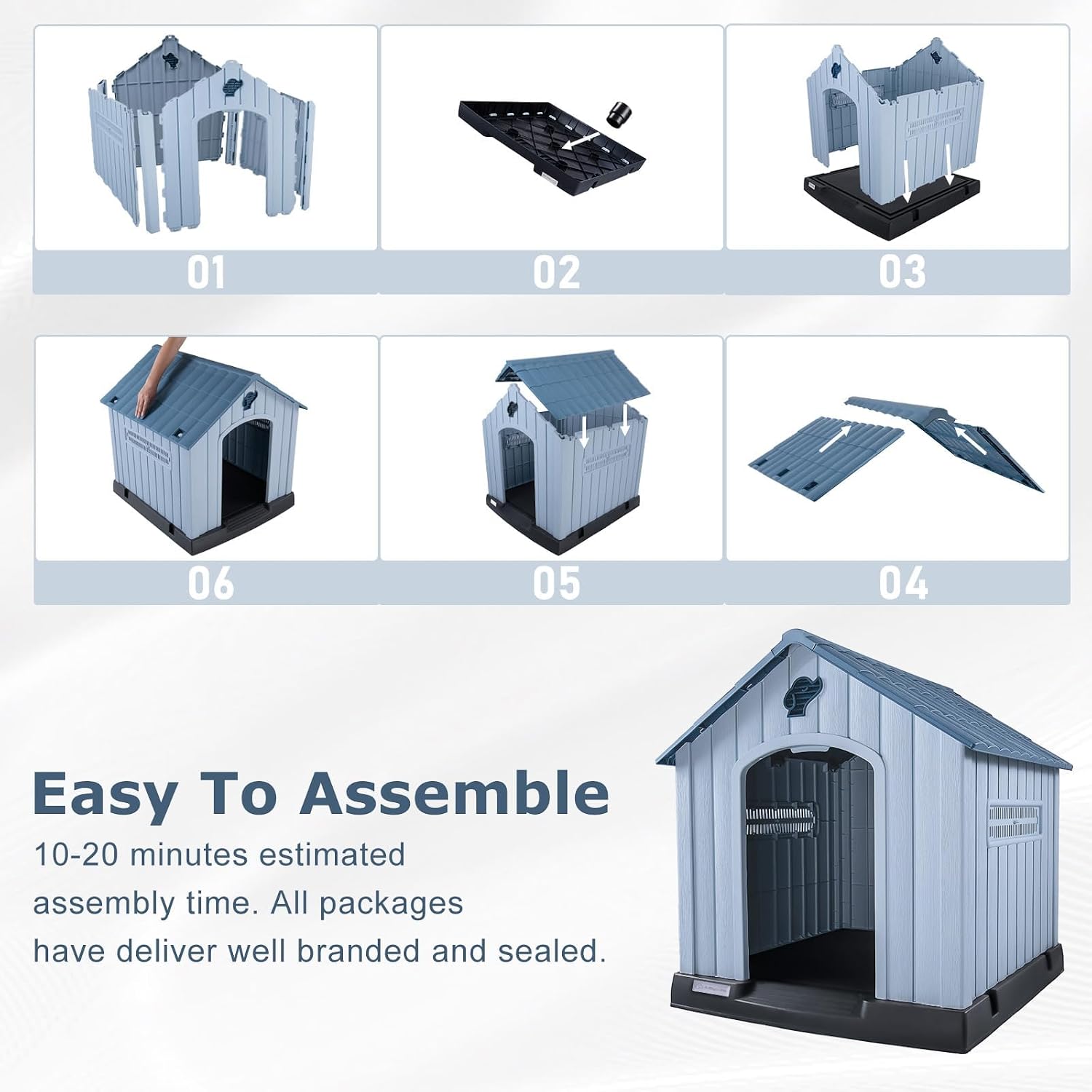 LEMBERI Durable Waterproof Plastic Dog House for Small to Medium Sized Dogs, Indoor Outdoor Doghouse with Air Vents and Elevated Floor, Easy to Assemble (Blue, 33.5" L x 31.5" W x 33.9" H)