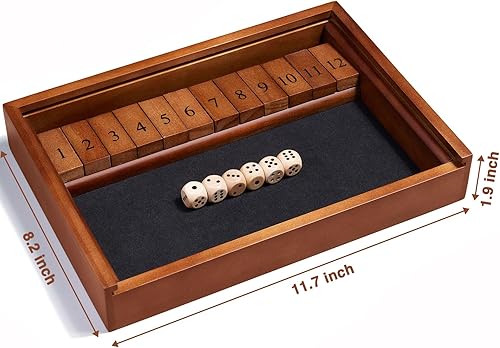 Miniatura 2 de VAMSLOVE Shut The Box - Juego de dados de madera para 2 jugadores en adelante, 12 números cierran la caja con 6 dados para niños, adultos y familia