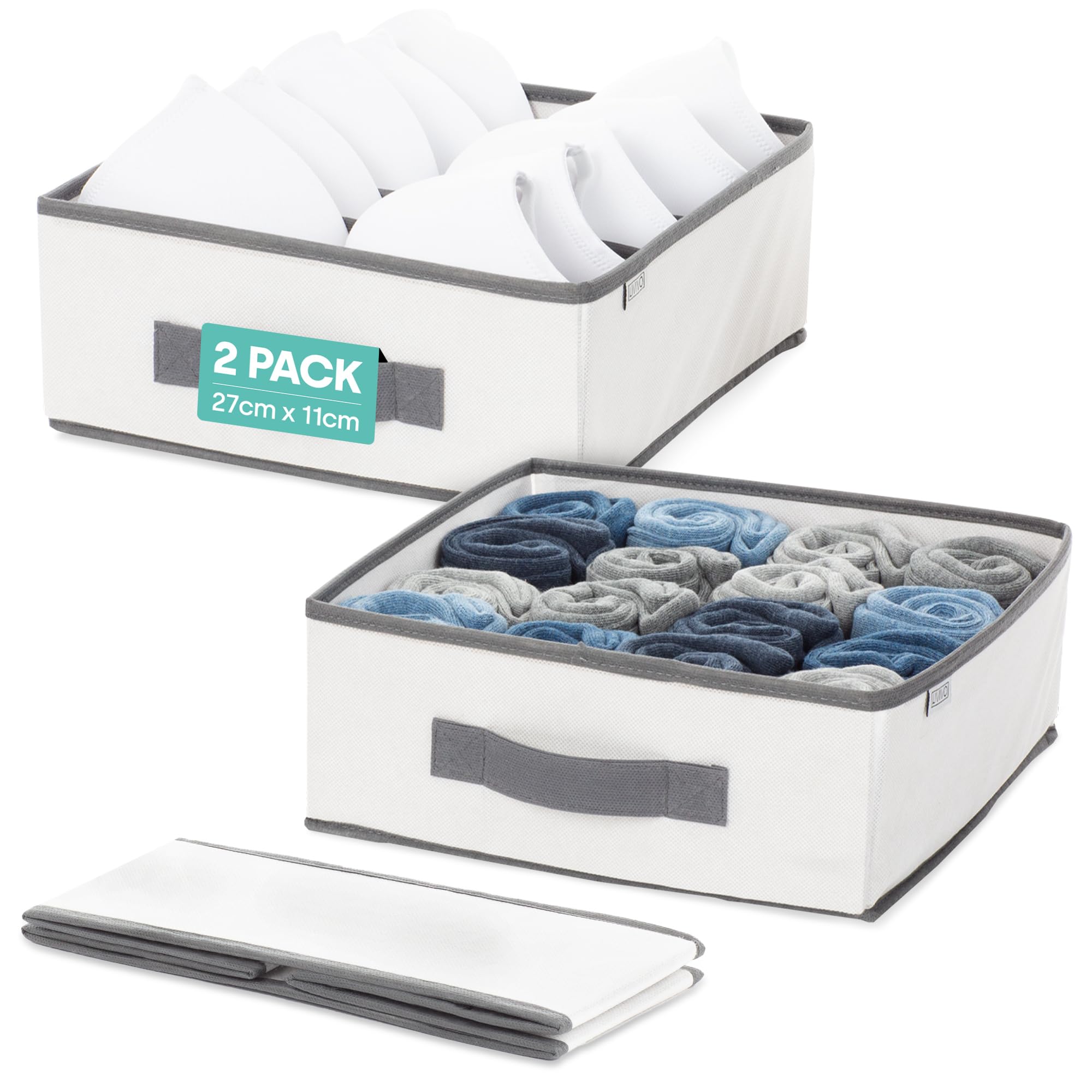 Livivo Grey Fabric Drawer Organiser - Set Of 2 Drawer Dividers Foldable Box - Wardrobe Storage Organiser For Baby Clothing, Bras, Socks, Underwear Wardrobe Organiser